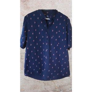 George Navy Blue Flamingo Mens Button Down Short Sleeve,Shirt,Size L, Non Smoker